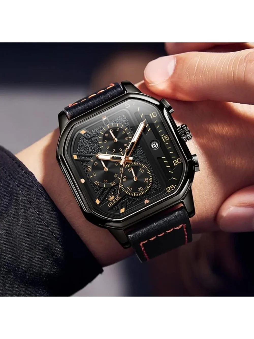 Men's Black Quartz Leather Strap Waterproof Casual Trendy Square Dial Watch